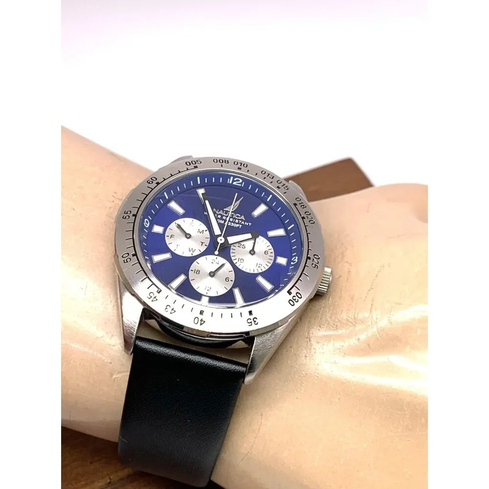 Nautica Men's Watch N11019 Quartz Blue Dial Black Leather Band 43mm